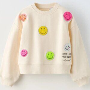 ZARA KIDS | Beige Girls 9-10 Pullover Sweater Sequin Smiley Face Crewneck
